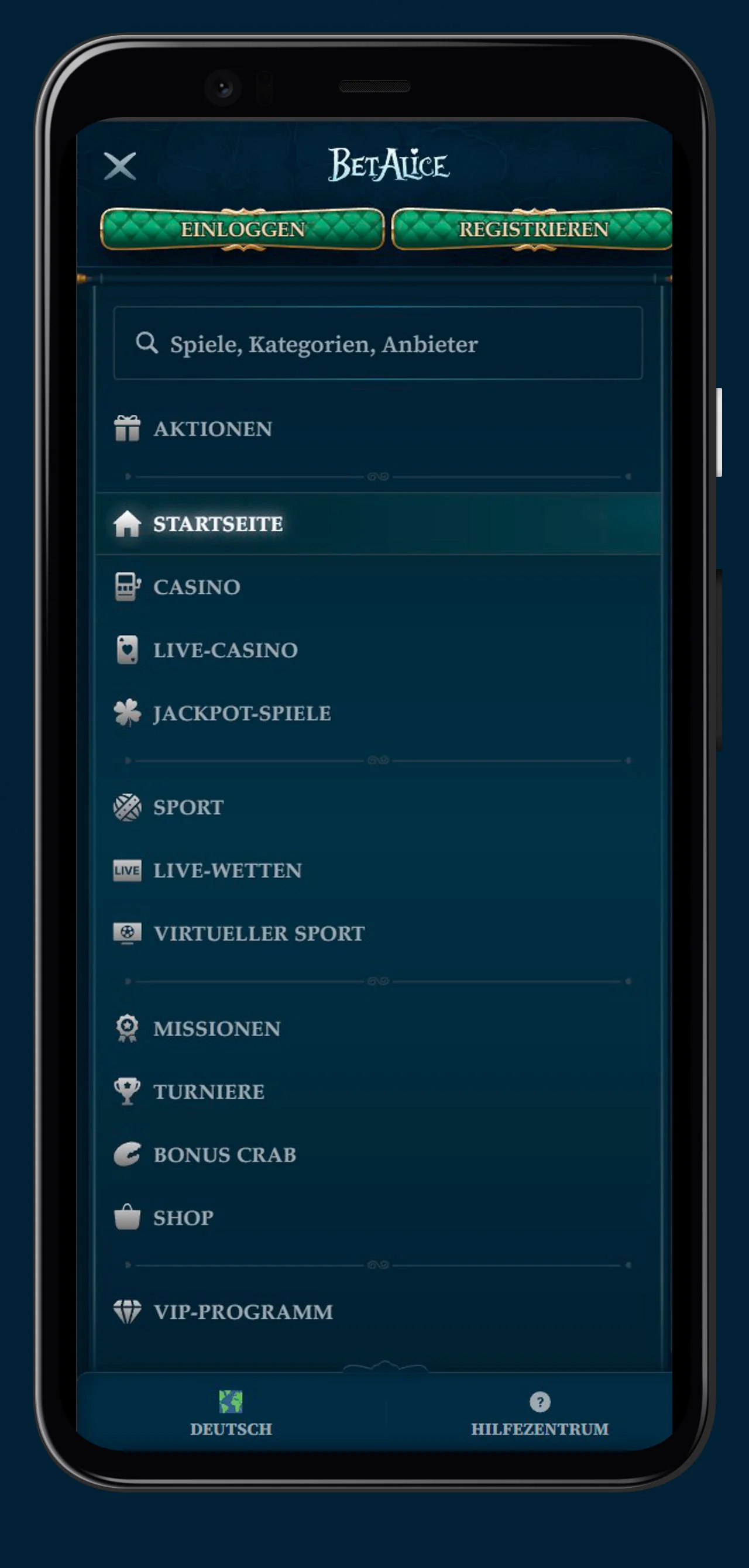 Menü App BetAlice Casino
